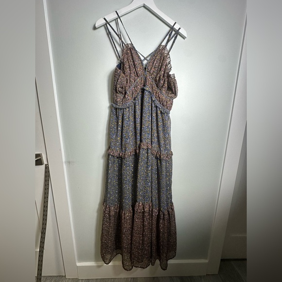 Lucky Brand Ruffle Floral Maxi Sundress Blue Brown w Gold  Size Large - Picture 9 of 16